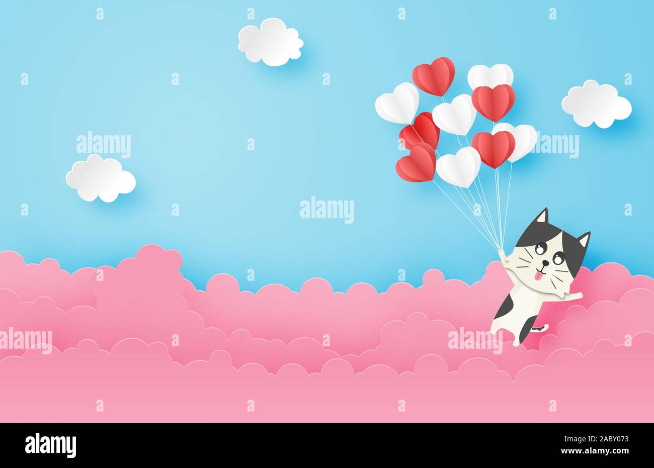Illustrazione dell'amore. Happy cat fluttuante nel cielo con forma di cuore palloncino in carta tagliata stile. Digitale carta craft art il giorno di San Valentino del concetto. Illustrazione Vettoriale