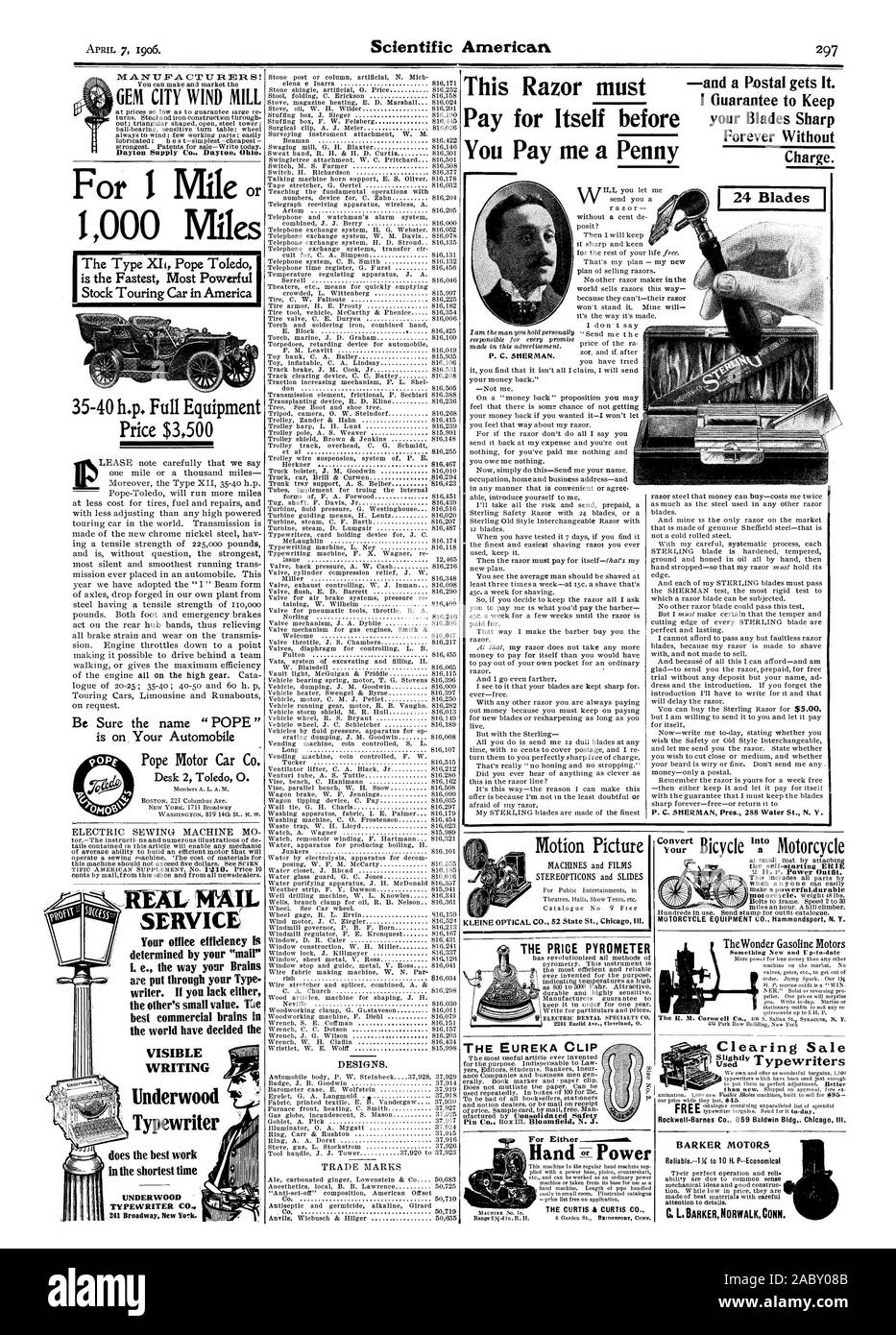 Ho garanzia di mantenere P. C. SHERMAN Pres. 288 Acqua San N. Y. Motion Picture prezzo pirometro la clip di EUREKA per entrambi mano Power Convert l'auto-avviamento erie 9 H. r. Vestito di potenza. Rockwell-Barnes Co. 869 Baldwin Bldg" Chicag Ill. C.L.BARKERNORWALKCONN. Città gioiello mulino a vento alimentazione Dayton Co. Dayton, Ohio. 1000 miglia 35-40 H.P. Attrezzatura completa prezzo $3500 Papa Automobile Co. Desk 2 Toled 0. Servizio reale l'efficienza del tuo ufficio è determinato dal tuo 'mail' I. e. il modo in cui il vostro cervello scrittore. Se mancano entrambe le altre del piccolo valore. TEle commerciali migliori cervelli del mondo hanno deciso la Foto Stock