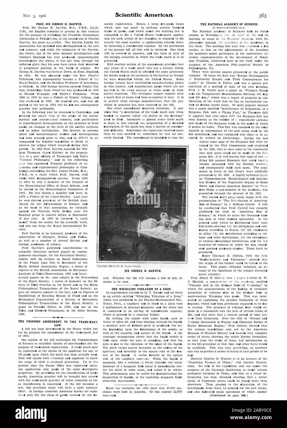Il prof. SIR GEORGE IL DARWIN. Diritto. Il sibilo della vibrazione di una goccia., Scientific American, 1906-05-05 Foto Stock