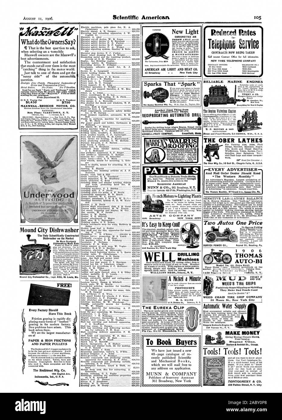 Mound City lavastoviglie nuova luce aria carburato aria americana luce e calore CO. 42 Broadway New York City EL macchine foratrici aliquote ridotte per servizio Toloplolle Il OnlyScientifically costruito lavastoviglie sul mercato realizzate lavastoviglie facile ogni fabbrica deve avere questa carta per libri & ferro gli attriti e le pulegge di carta A-' S per tetti e di ordine di posta Il Concessionario dovrebbe leggere DURYEA POWER CO. Due auto un prezzo 1 9 0 6 AUTO=BI E UTILIZZARE WEED il pneumatico afferra automatica dell'acqua fare soldi Mu.gam:Le strumenti Clixue ! Strumenti! Strumenti! RIONTGOMERY & CO. 105 Fulton Street N. Y. Città WI T.J, Scientific American Foto Stock