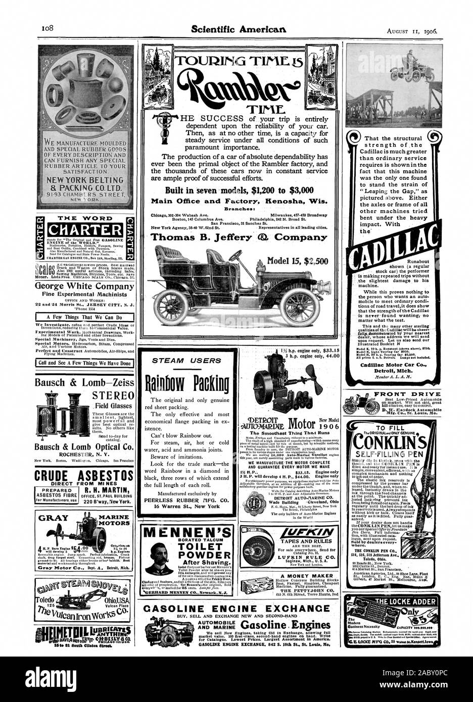 Thomas B. Jeffery 0. Azienda costruita in sette modelli di $ 1200 a $ 3000 per la sede principale e fabbrica Kenosha Wis. rami: 302-304 Chicag Wabash Ave. Milwaukee 457-459 Broadway Boston 145 Columbus Ave. Filadelfia 242 N. ampia San New York Agenzia 38-40 W. sessantaduesima San rappresentanti in tutte le principali città. Tempo. Modello 15 $2500 che la resistenza strutturale della Cadillac è molto superiore al normale servizio richiede è rappresentato dal fatto che questa macchina è la sola trovata per sostenere lo sforzo di sopra riportata. Entrambi gli assali o telaio di tutte le altre macchine cercato piegato sotto il pesante impatto. Con Foto Stock