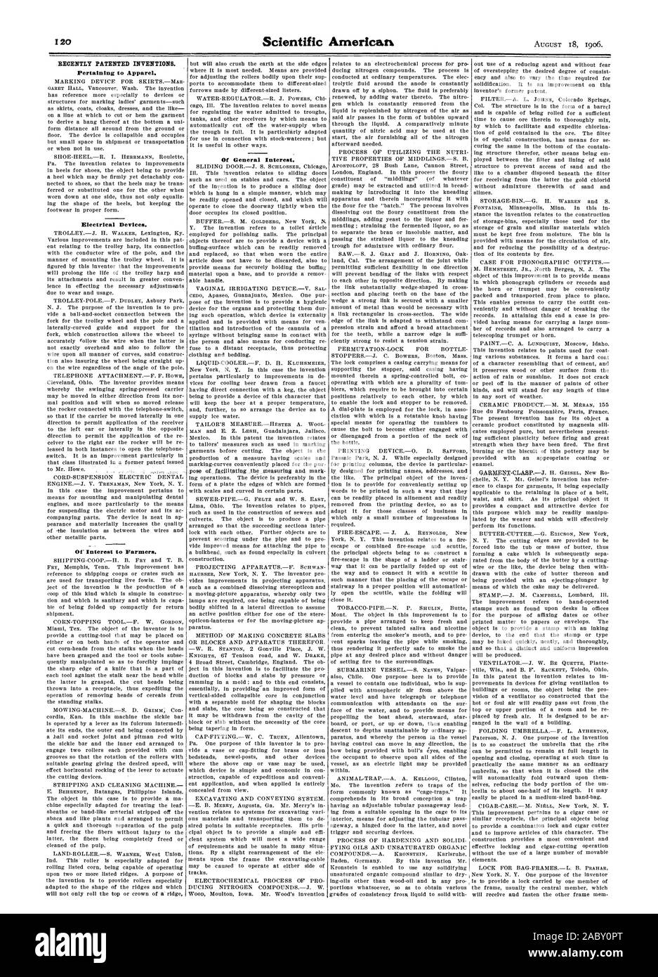 Recentemente invenzioni brevettate. Relativi all'abbigliamento. I dispositivi elettrici. Di interesse per gli agricoltori. Di interesse generale., Scientific American, 1906-08-11 Foto Stock