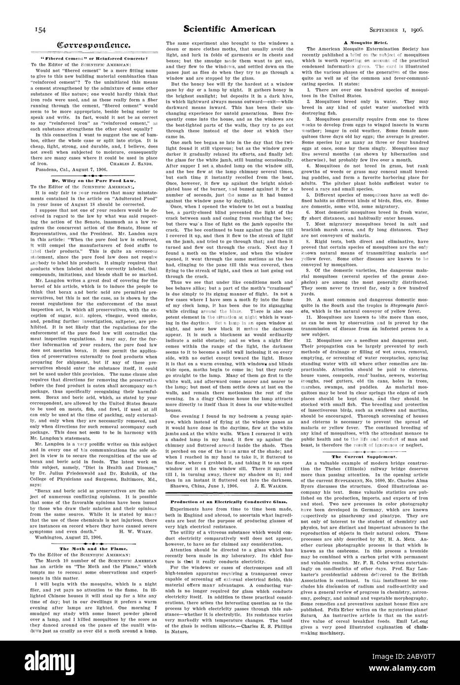 Br. Willey sul puro diritto alimentare. La falena e la fiamma. Produzione di materiale elettricamente conduttore di vetro. L'attuale supplemento., Scientific American, 1906-09-01 Foto Stock