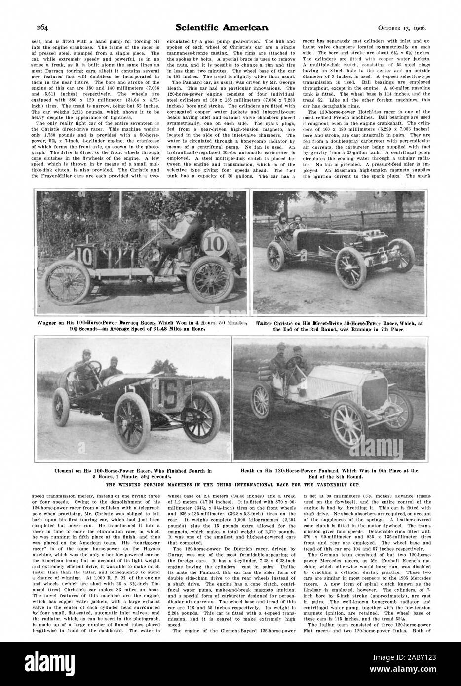 5 ore 1 minuto di 594 secondi. Fine del 8° giro. La vincente macchine straniere nella terza gara internazionale per il VANDERBILT CDR velocità semplicemente di trasmissione invece di uno per dare tre o quattro velocità. A causa della demolishment dei suoi 120 cavalli di potenza racer da una collisione con un telegrafo polo quando si pratica il sig. Christie è stato costretto a cadere è stato completato ma non eseguire mai. L ha trasformata in una era posta sulla squadra americana. Il suo 'Touring Car Racer' è lo stesso cavalli di potenza come Haynes, Scientific American, 1906-10-13 Foto Stock