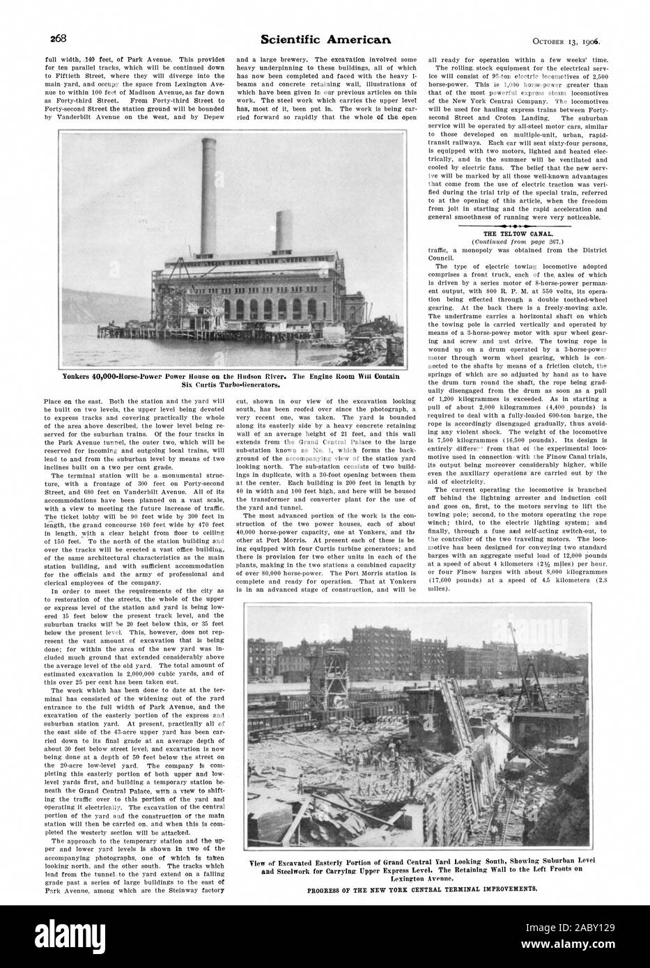 Yonkers 40000 Rorse-Power Casa potenza sul fiume Hudson. Il vano motore contiene sei Curtis Turb generatori. Vista di scavato parte Est del Grand Central Yard guardando verso sud che mostra il livello suburbana e acciaio per il trasporto di alto livello Express. La parete di ritegno a sinistra fronti sulla Lexington Avenue., Scientific American, 1906-10-11 Foto Stock