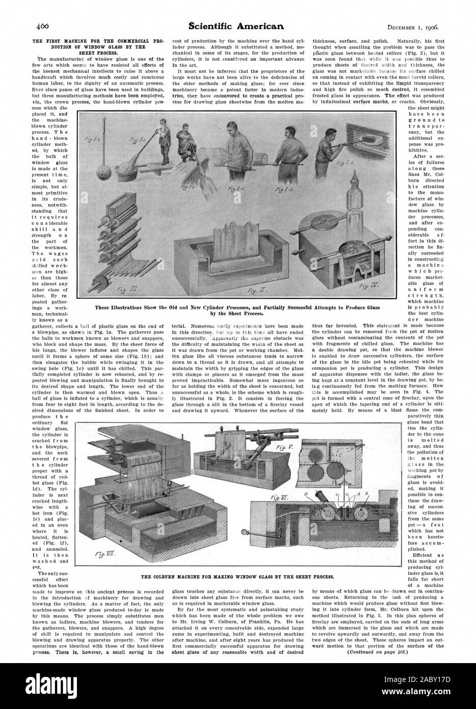 La prima macchina per la Commerciale PRO RIDUZIONE DEL VETRO MEDIANTE IL PROCESSO DI FOGLIO. Il COLBURN MACCHINA PER LA PRODUZIONE DI VETRO dal foglio processo., Scientific American, 1906-12-01 Foto Stock