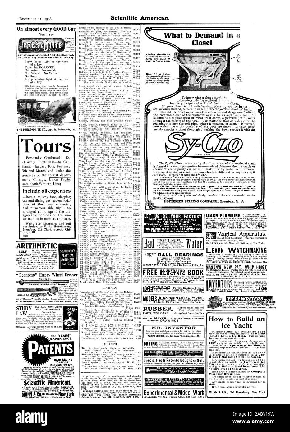 DECEM BEL: 15 1906. Scientific American quanto alla domanda in un armadio importante opuscolo "Famiglia Salute". Essa vi dirà come essere certi del risanamento della vostra casa e può spiegare la causa delle malattie del passato SII-CLO armadio. POTTERIES società di vendita Trenton N. apparato magico. Per saperne di orologeria MASON È DI NUOVO PAT. Frustino paranco ' Economo' ruota smeriglio Dresser su quasi ogni buona vettura tour comprendono tutte le spese di aritmetica 60 anni di esperienza di brevetti marchi modelli scientifici .1Interican. Il sig. Inventore Specialties & Brevetti Bonghtand venduti - Novità & articoli brevettato tik experimental Foto Stock
