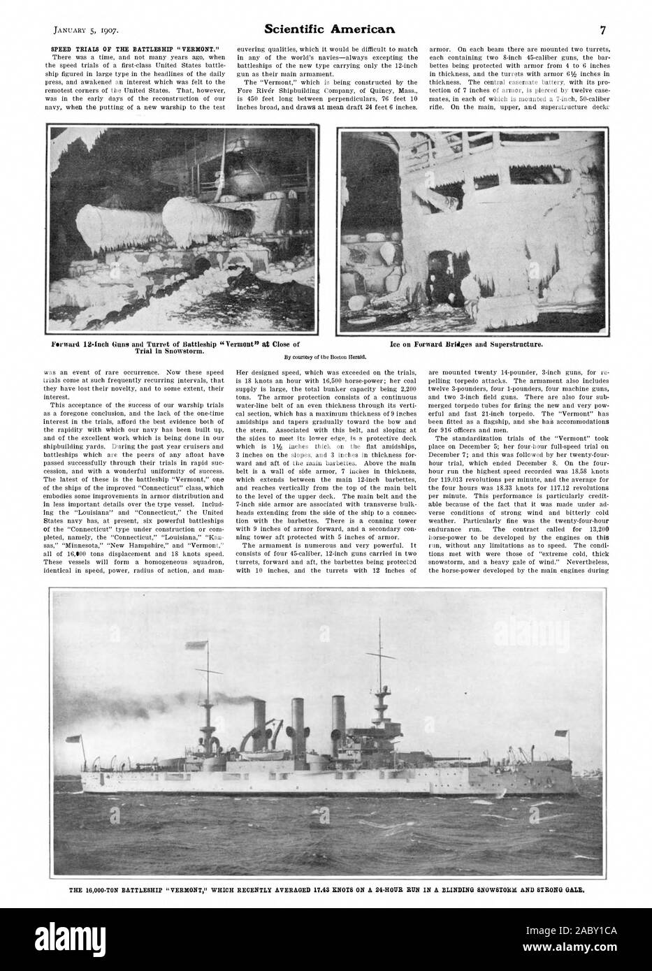 Prove di velocità della corazzata 'VERMONT.' IL 16000-T0N CORAZZATA 'VERMONT' che di recente ha in media 17,43 nodi in una 24 Ore di esecuzione in una tempesta di neve accecante e forti GALL, Scientific American, 1907-01-05 Foto Stock