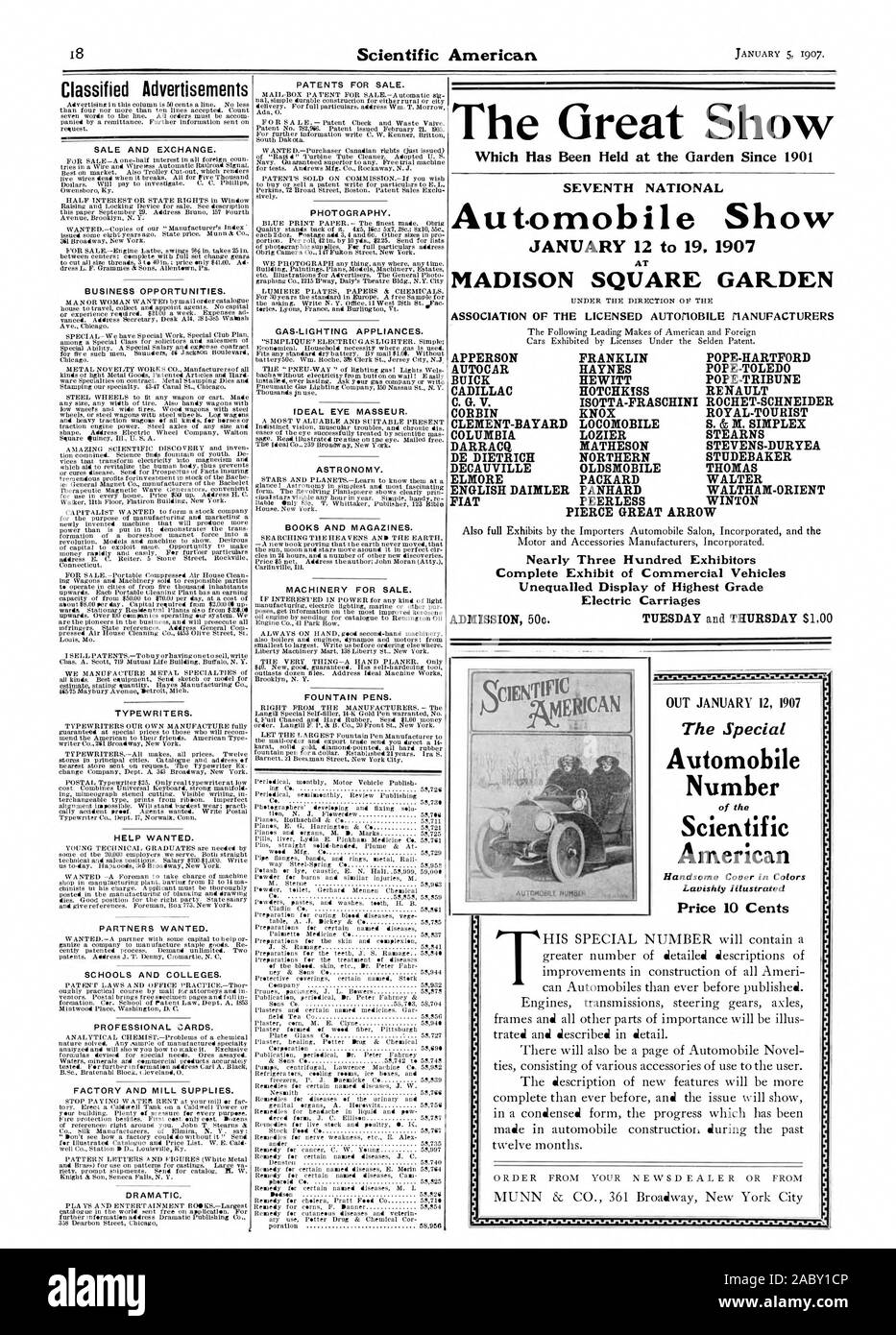 Il grande spettacolo che è stato tenuto presso il giardino dal 1901 settimo automobilistici nazionali mostrano 12 gennaio al 19 1907 AL MADISON SQUARE GARDEN ASSOCIAZIONE DELLA LICENZA rIANUFACTURERS AUTOrlOBILE APPERSON FRANKLIN PAPA-HARTFORD AUTOCAR HAYNES PAPA-TOLED BUICK HEWITT PAPA-TRIBUNE CADILLAC HOTCHKISS RENAULT C. G. V. ISOTTA FRASCHINI-ROCHET-SCHNEIDER CORBIN KNOX ROYAL-turista CLEMENT-BAYARD LOCOMOBILE S. & M. SIMPLEX LOZIER COLUMBIA STEARNS DARRACQ MATHESON STEVENS-DURYEA DE DIETRICH SETTENTRIONALE DECAUVILLE STUDEBAKER OLDSMOBILE THOMAS ELMORE PACKARD WALTER INGLESE DAIMLER PANHARD WALTHAM-ORIENT FIAT Foto Stock