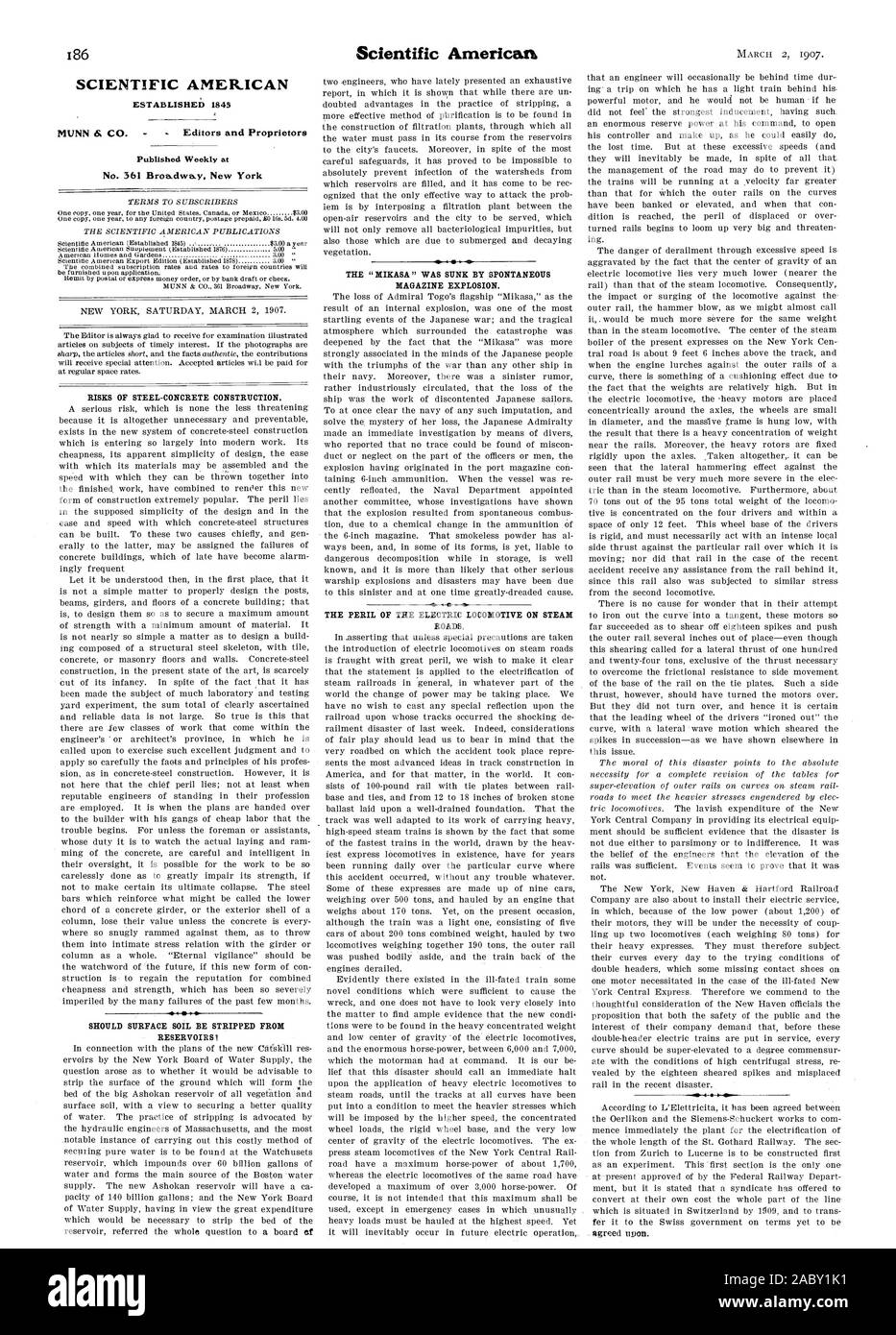 SCIENTIFIC AMERICAN STABILITO 1845 settimanale pubblicata al n. 361 Broadway New York rischi di acciaio-calcestruzzo. .405 dovrebbe terreno superficiale essere spogliato da serbatoi? Il 'MIKASA' è stata assorbita dalla rivista spontanea esplosione. Il pericolo della locomotiva elettrica sulle strade di vapore., 1907-03-02 Foto Stock SCIENTIFIC AMERICAN STABILITO 1845 settimanale pubblicata al n. 361 Broadway New York rischi di acciaio-calcestruzzo. .405 dovrebbe terreno superficiale essere spogliato da serbatoi? Il 'MIKASA' è stata assorbita dalla rivista spontanea esplosione. Il pericolo della locomotiva elettrica sulle strade di vapore., 1907-03-02 Foto Stock