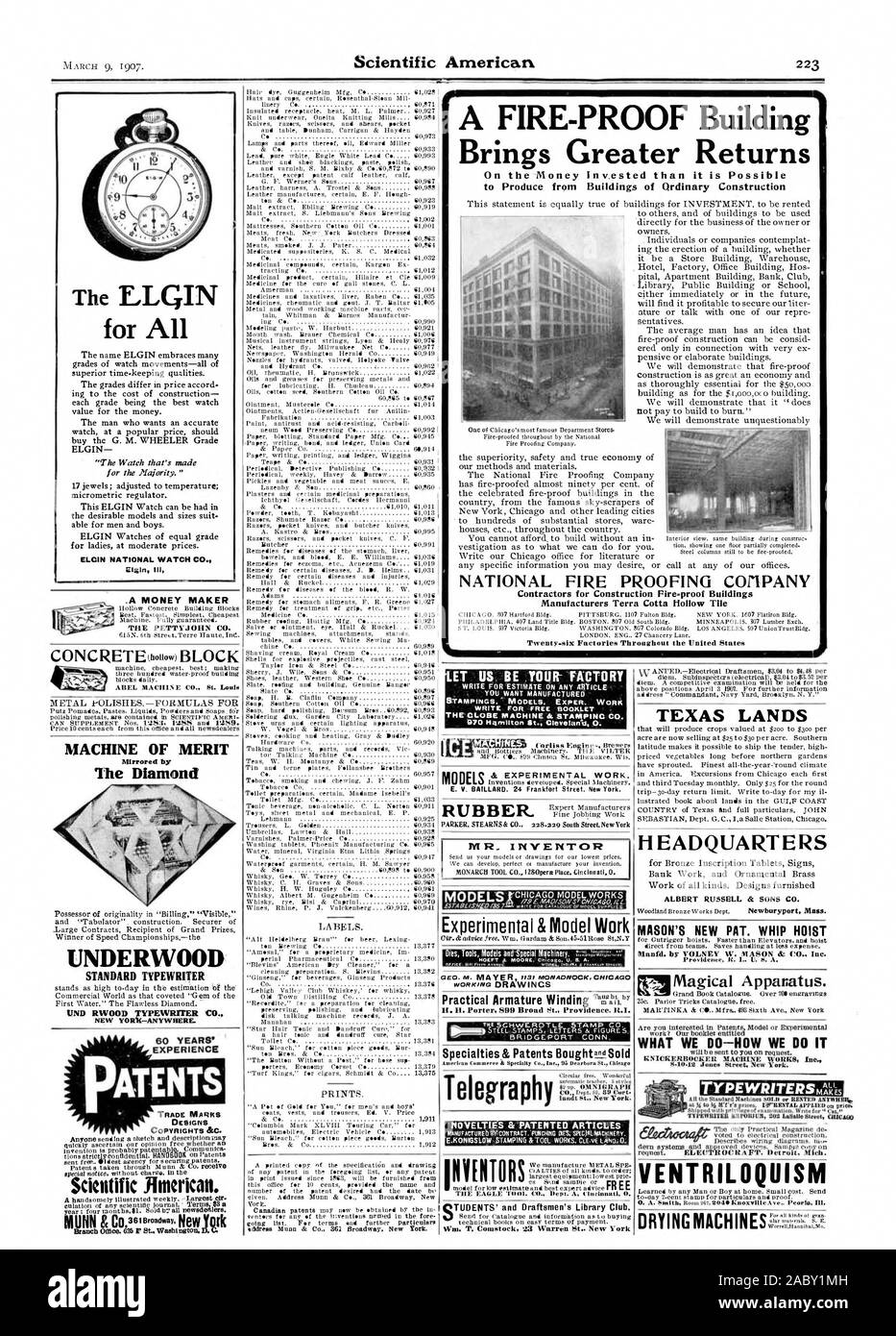 Un incendio di edificio prova porta ad una maggiore redditività del denaro investito di quello che è possibile produrre da edifici di costruzione ordinaria scrivere per opuscoli gratuiti in tutto il mondo la macchina di stampaggio & CO. i170 Hamilton San Clevelanit 0. iteer es. Lavoro sperimentale. Novità &ARTICOLI BREVETTATO FR EE telegrafia NYENTORS !emettono Sts New York. .Ux.ur c F & sperimentale modello di lavoro TEXAS TERRE HEADQUARTERS ALBERT RUSSELL & SONS CO. MASON È DI NUOVO PAT. Frustino paranco Manfd. Da YOLNEY W. MASON & tiO. Inc. Magica Appanatus. lavoro? Il nostro opuscolo intitolato cosa facciamo e come lo facciamo il pratico solo Magazine de descrive Foto Stock