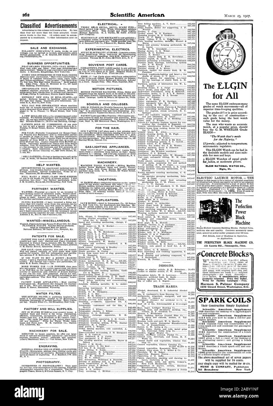 Annunci vendita e scambio. Opportunità di business. Aiuto voluto. Ricerca partners. Volevo-varie. I BREVETTI PER LA VENDITA. Il filtro dell'acqua. La fabbrica e il mulino di forniture. Macchine ed apparecchi per la vendita. Incisione. La fotografia. Elettrico. Impianto elettrico sperimentale. SOUVENIR cartoline. MOTION Pictures. Scuole e università. Per i capelli. GAS-Apparecchi di illuminazione. Macchinari. Vacanze. 'DUPLICATORS. I blocchi di calcestruzzo prontamente rimborsato. Il prezzo di un dollaro. Scrivere per flachine catalogo - Gratuito. Il blocco di perfezione MACHINE CO. 321 Kasota Bld. flinneapolis per tutti ELGIN NATIONAL WATCH CO. Elgin III. a.1 riV1 Foto Stock