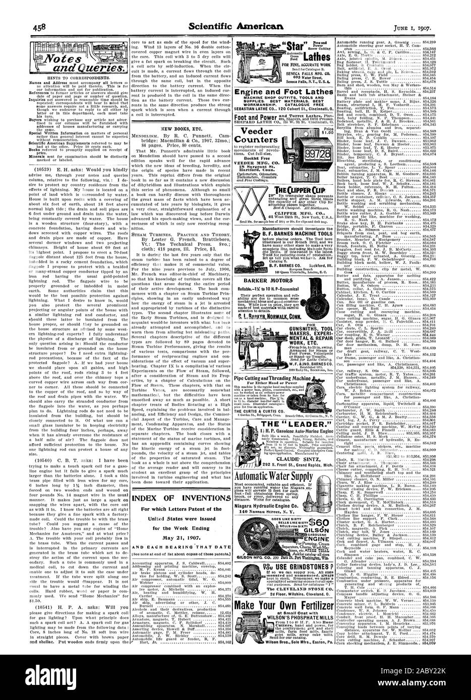 Volorpr. e query. Indice delle invenzioni per le quali lettere di Brevetto degli Stati Uniti sono stati rilasciati il 21 maggio 1907. E ciascun cuscinetto che oggi mi vedi la nota alla fine della lista su copie di questi brevetti. Motore e piede torni macchina negozio abiti GLI STRUMENTI E I MATERIALI DI CONSUMO. Materiali migliori. Ottima fattura. Catalogo libero di fare il vostro proprio fertilizzante il CLEVELAND STONE CO. Strumento di armaioli realizzatori di MENTAL & RIPARAZIONE ETC. W.F. &JNO. BARNES CO. GILSON GASOLENE motore per una mano o Power la curtis CURTIS & CO. P CLAUDE' SINTZ automatica dell'acqua Niagara motore idraulico Co. THECUPPER CLIP' CLIPPER Foto Stock