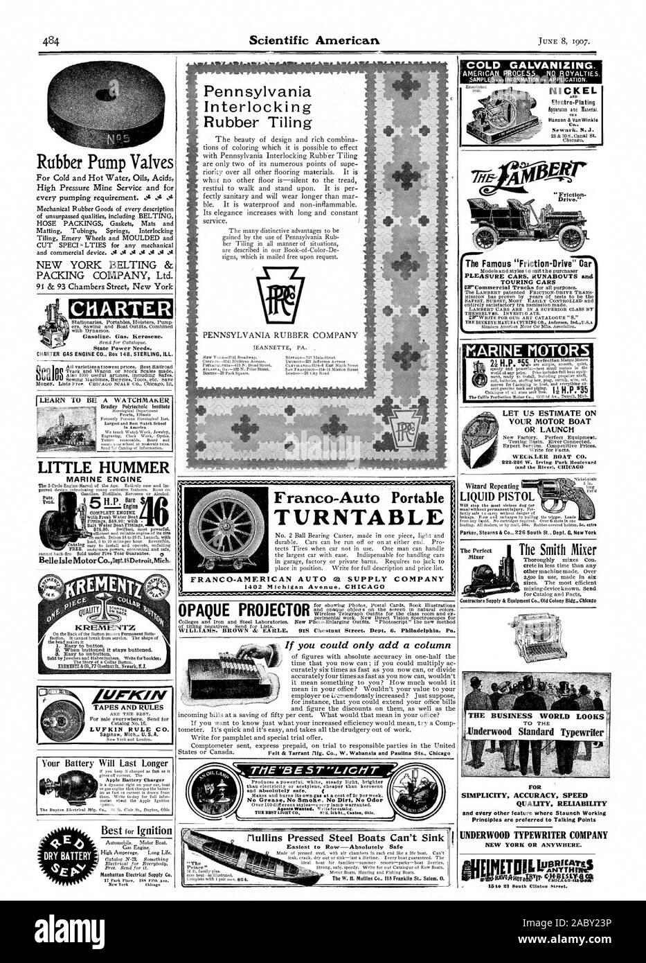Il miscelatore perfetto il mondo imprenditoriale guarda al per semplicità velocità precisione Qualità Affidabilità e ogni altra funzione dove convinta dei principi di funzionamento sono preferiti per i punti di discussione per macchina da scrivere Underwood COMPANY DI NEW YORK O IN QUALSIASI LUOGO. Vend. In Pennsylvania in gomma ad incastro il tiling 'JEANNETTE PA. DETROIT-237 Jefferson AVentle SAE FRANCISCO-515-14 Mission Street batteria a secco, Scientific American, 1907-06-08 Foto Stock