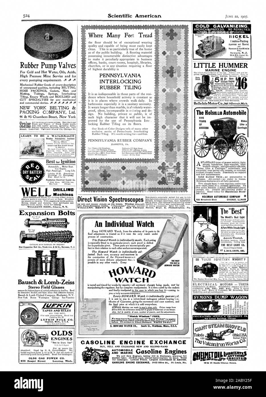 Il successo di corse di automobile Holsman Tgainflyuras HaparriP cliNAFfitS 15i. El Sud OlInton Street. CASOLINE ENCINE EXCHANCE E MARINE un individuo Watch The Howard Watch è singolarmente ad XAOWAR WATC IL MODO DI GUY UN HOWARD guardare ogni HOWARD Watch è garantita singolarmente. Guarda la saggezza libera. prima. È scritto da Elbert Hubbard SCRIVERE A-giorno. E. HOWARD WATCH CO. A sud di San Waltham messa. U.S.A., Scientific American, 1907-06-22 Foto Stock