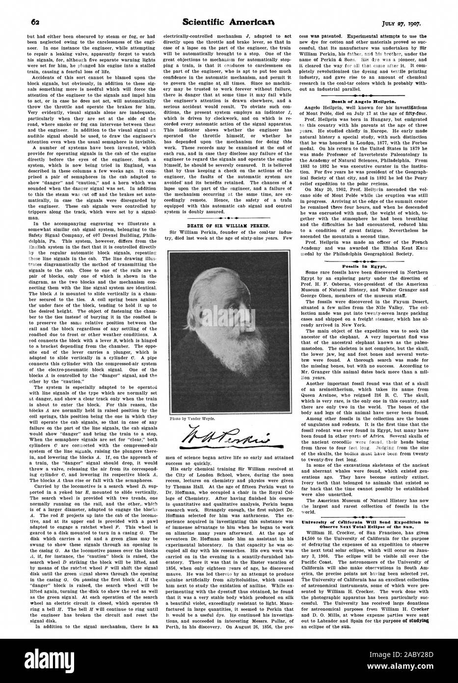 La morte del SIB WILLIAM PERKIN Morte di Angelo ileilprin. Fossili in Egitto. Università di California invierà Expedition t osservare la prossima Eclissi totale del sole, Scientific American, 1907-07-27 Foto Stock