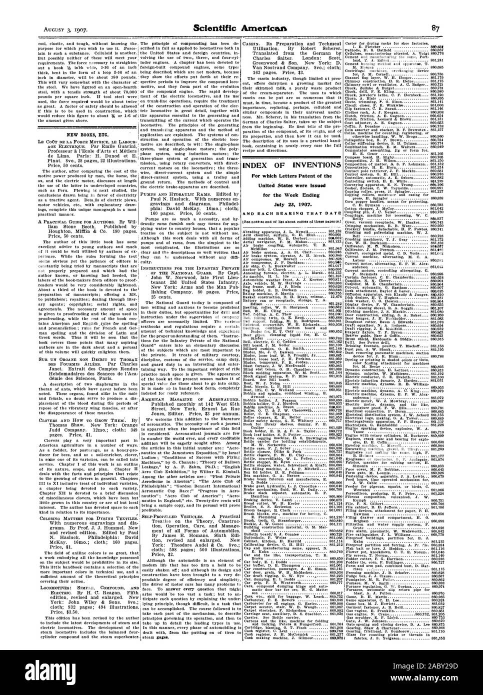 Indice delle invenzioni per le quali lettere di Brevetto degli Stati Uniti sono stati rilasciati per la settimana che termina il 23 luglio 1907. Nuovi libri ecc., Scientific American, 1907-08-03 Foto Stock
