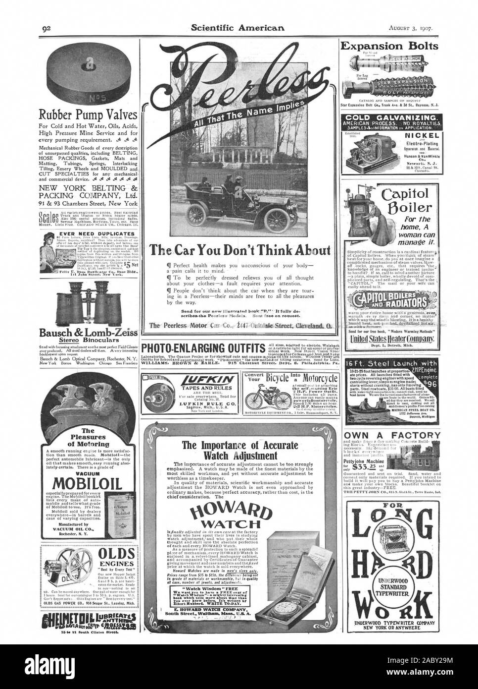 Proprio una fabbrica Pettyjohn macchina per macchina da scrivere Underwood COMPANY DI NEW YORK o dovunque i piaceri dell'Automobilismo MOBILOIL vuoto fabbricato da vuoto OIL CO. Rochester. N. Y., Scientific American, 1907-08-03 Foto Stock