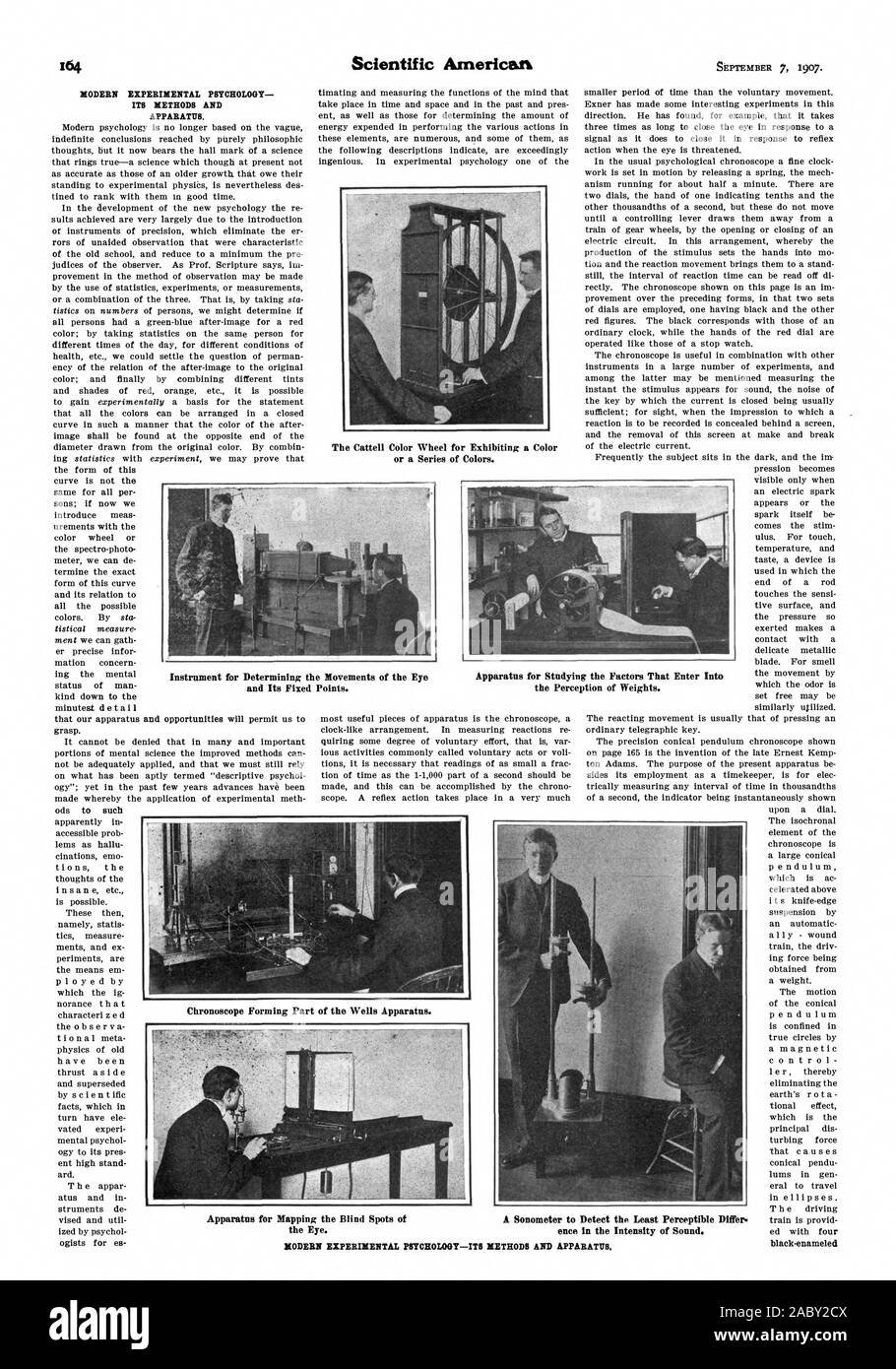 Moderna psicologia sperimentale i suoi metodi e apparati. Il Cattell ruota colore per mostrare un colore o una serie di colori. nero-strumento smaltato per determinare i movimenti dell'occhio e i suoi punti fissi. Apparecchiatura per studiare i fattori che immettere Int la percezione dei pesi. Chronoscope facente parte dell'apparecchiatura di pozzi. Apparecchiatura per la mappatura dei punti ciechi di un Sonometer per rilevare il meno percettibili differiscono. l'occhio. ence nell'intensità del suono. Moderna psicologia sperimentale-I SUOI METODI ED APPARATO., Scientific American, 1907-09-07 Foto Stock