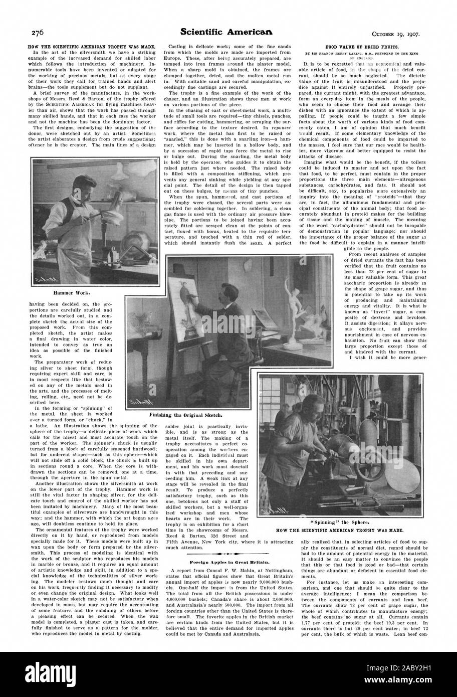 Come Scientific American trofeo è stato realizzato. Il lavoro di martello. Mele straniere in Gran Bretagna. Valore alimentare della frutta secca. Da BIB Francesco Enrico LAKING M.D. Medico del re la finitura del disegno originale. Come Scientific American trofeo è stato reso., 1907-10-19 Foto Stock