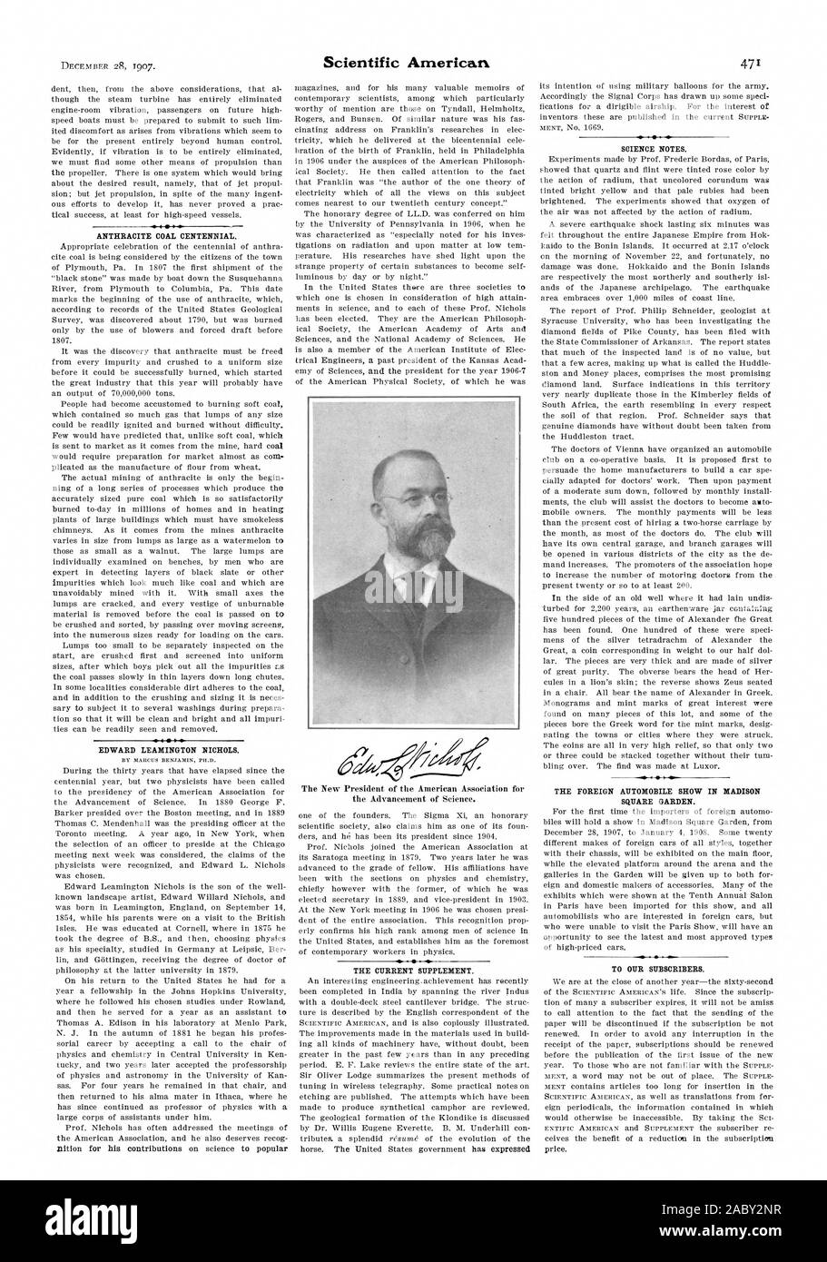 Antracite Carbone centennale. 4 Io EDWARD LEAMINGTON Nichols. L'attuale supplemento. La scienza note. L'AUTOMOBILE stranieri mostrano a MADISON SQUARE GARDEN. Ai nostri abbonati., Scientific American, 1907-12-28 Foto Stock