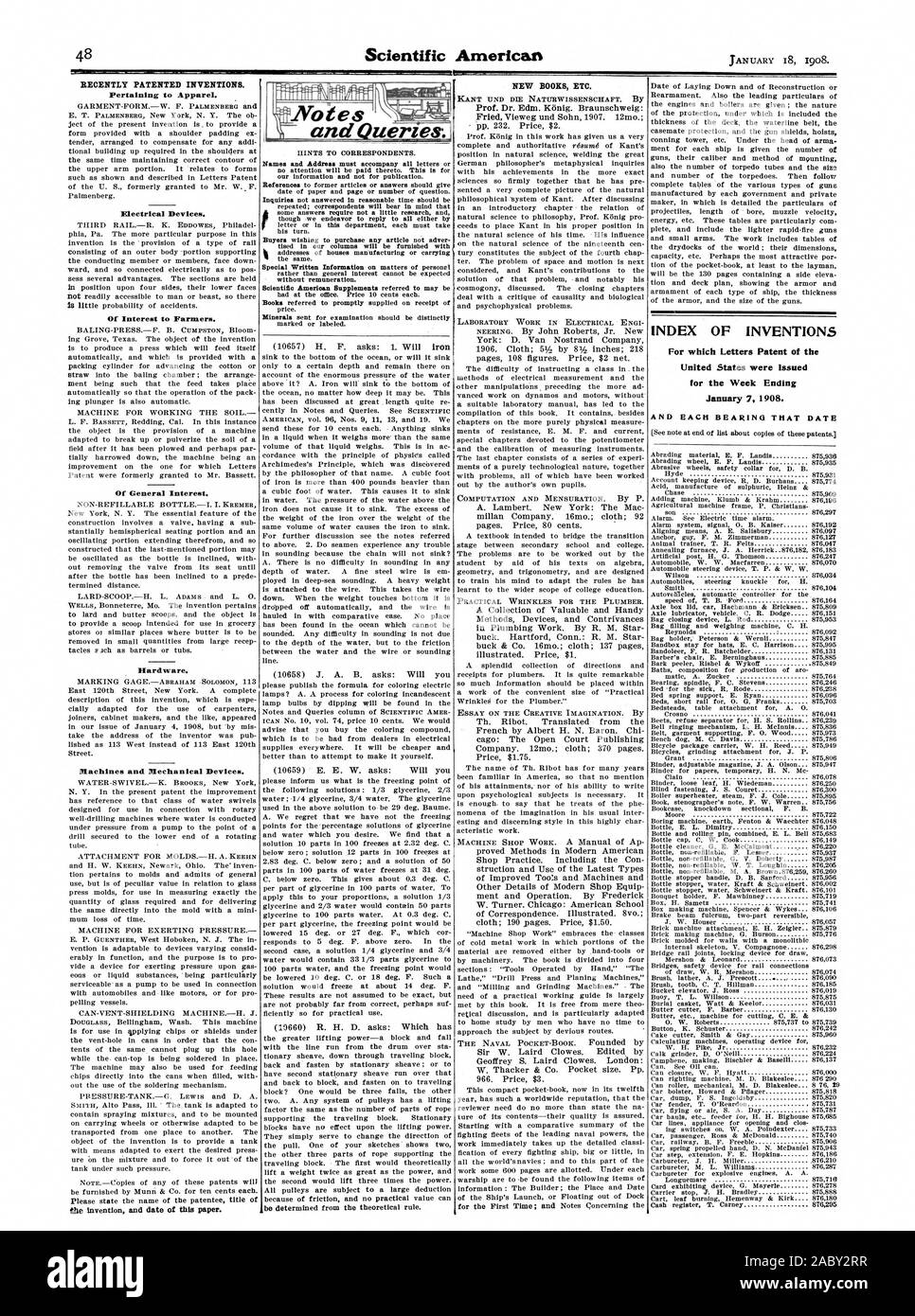Relativi all'abbigliamento. I dispositivi elettrici. Di interesse per gli agricoltori. Di Interesse Generale Hardware. Macchine e dispositivi meccanici. Indice delle invenzioni per le quali lettere di Brevetto degli Stati Uniti sono stati rilasciati per la settimana che termina il 7 gennaio 1908. E ciascun cuscinetto che data ati.;un' e query:, Scientific American, 1908-01-11 Foto Stock