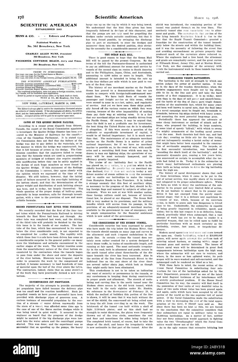 SCIENTIFIC AMERICAN STABILITO 1843 MUNN & CO. Editori e proprietari n. 361 Broadway. New York 361 Broadway New York CAUSA DEL QUEBEC Guasto ponte. Secondo PENNSYLVANIA East River il tubo finito. EXTEMPORIZED propulsione a getto. L'OCEANO MAIL BILL. Il CROOKEDNESS dell'Hudson tunnel. I Sommergibili versus corazzate., 08-03-14 Foto Stock