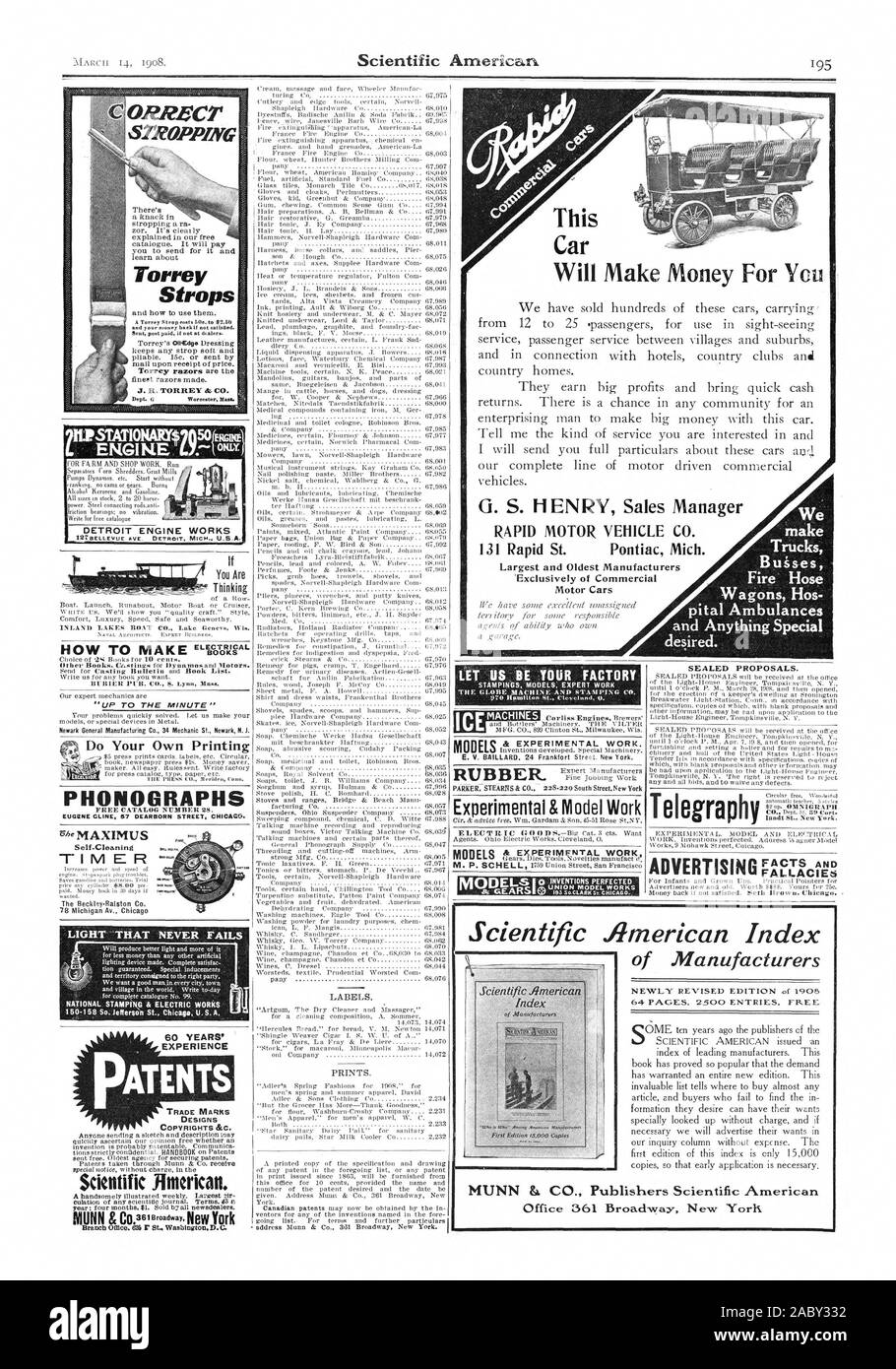 Esperienza di brevetti marchi modelli copyright &C. Jimerican scientifica. C'è un vero talento in stropping un ra zor. È cleaily spiegati nel nostro catalogo gratuito. Si pagherà per inviare ad esso e imparare a Torrey Strops 9PII1ATIONARY7A504140NEA INLAND AMA BOAT CO. Luca Ginevra Wis. Il Beckley-Ralston Co. 78 Michigan Av. Chicag i nostri esperti meccanici sono fare propria la stampa FONOGRAFO ELICIINE CLINE 57 DEARBORN STREET CHICAGO. La luce che non viene mai meno la timbratura nazionale & ELECTRIC WORKS questa auto dovrà fare i soldi per un rapido AUTOVEICOLO CO. 131 Rapid San Pontiac Mich Più grande e più antica Foto Stock