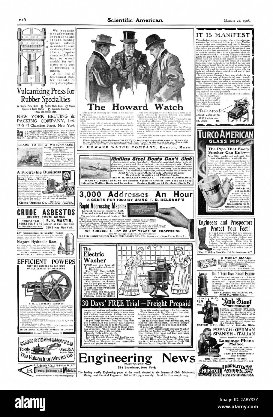 Fumatore può godere di Prezzo $1.50 con caso $2.00 Regno Niagara Ariete Idraulico Un money maker il PETTYJ OLIN Co. Costruisci il tuo piccolo motore Francese - Tedesco Metodo Language-Phone Inviare testimonianze e opuscolo. "Lubrifica Il Howard guarda E. HOWARD WATCH COMPANY Boston Massachusetts'ILittillir in milarmtir il lavavetro elettrico 30 Giorni' libero Tri.4 trasporto prepagato non vi costa nulla. CP' H. P., Scientific American, 1908-03-21 Foto Stock