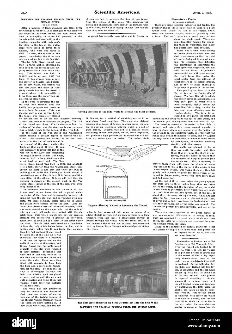 Linea d'acqua. Sezione LINDER il letto del fiume diagramma che mostra il metodo di abbassamento del tunnel. Perle Rome-Grown. si applica a croton o baia pesante olio. Il nuovo tetto supportato su colonne di acciaio impostato nelle pareti laterali., Scientific American, 1908-04-04 Foto Stock