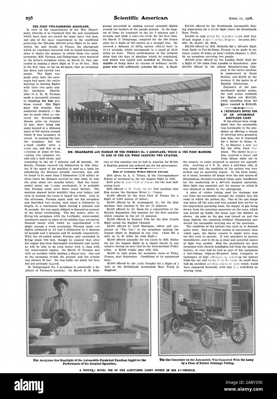 Elenco dei premi di aviazione offerto all'estero. Un medico del romanzo uso di un automobile luce di acetilene. MM. DELAGRANGE E FARMAN SULLA EX'S n. 2 aereo che è la prima macchina a salire in aria quando si trasportano due aviatori. Un romanzo DOCTONS USO DELL'acetilene vestito di luce della sua automobile., Scientific American, 1908-04-11 Foto Stock