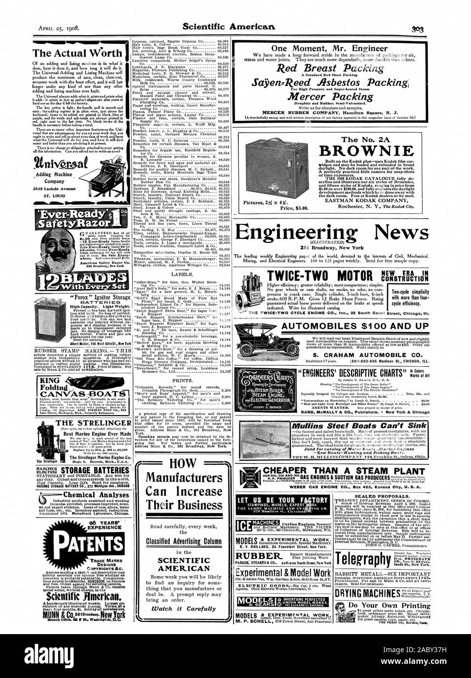 Un perfettamente pratiche piccola fotocamera per istantanee o il tempo di esposizione. Il 1908 CATALOGO KODAK completamente de $1.00 per oltre $10000 e si spiega pienamente la luce diurna di metodi di sviluppo che hanno fatto sparire con la camera oscura. Gratuito presso i Rivenditori Kodak o tramite posta. News come i produttori possono aumentare il loro business =MIMMINII=1=1M1 pubblicità classificata colonna AMERICAN guarda attentamente, Scientific American, 1908-04-25 Foto Stock