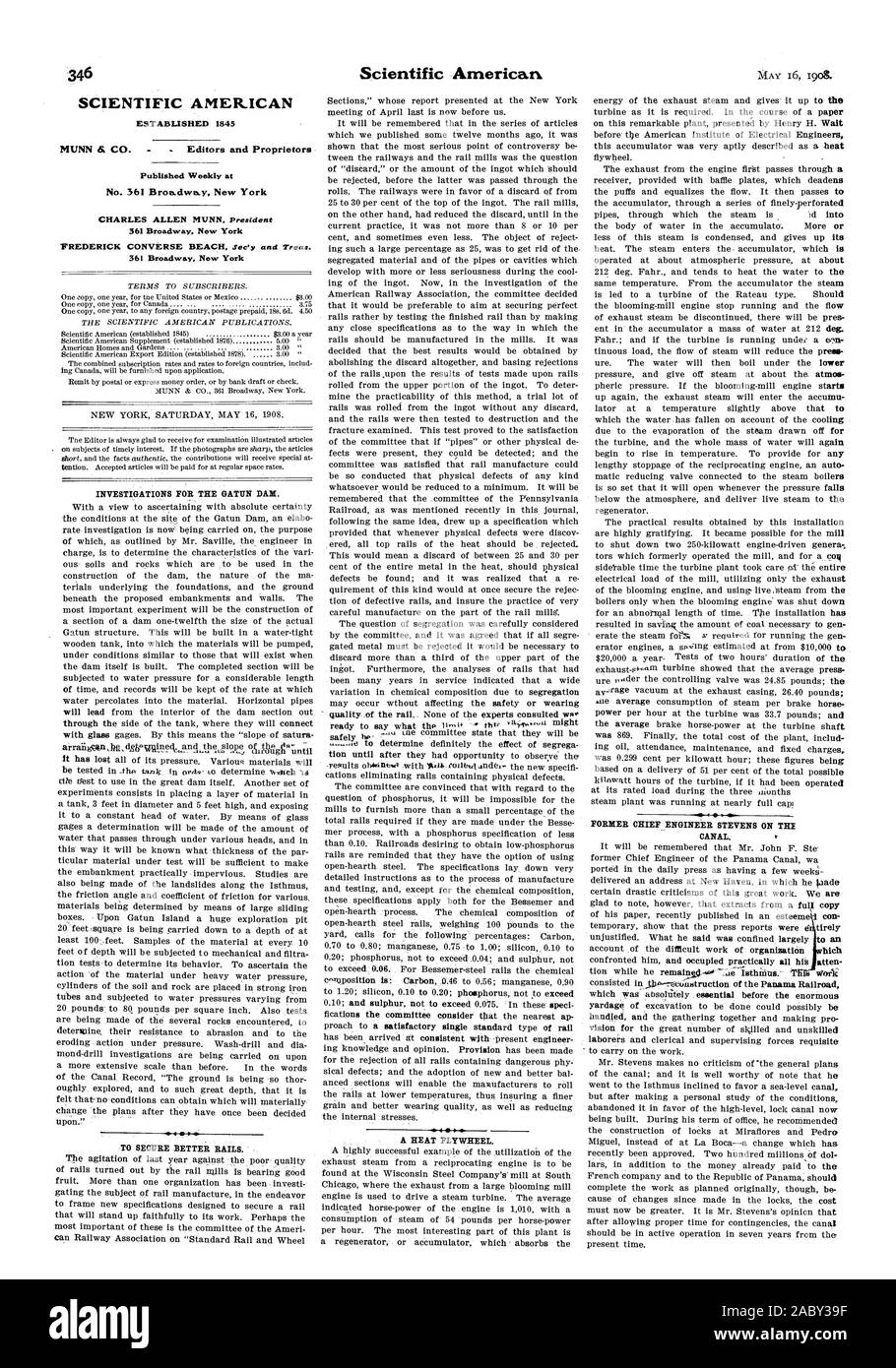 346 Scientific American stabilito 1845 pubblicato settimanalmente a 361 Broadway New York 361 Broadway New York Scientific American 4. 4, 1908-05-16 Foto Stock