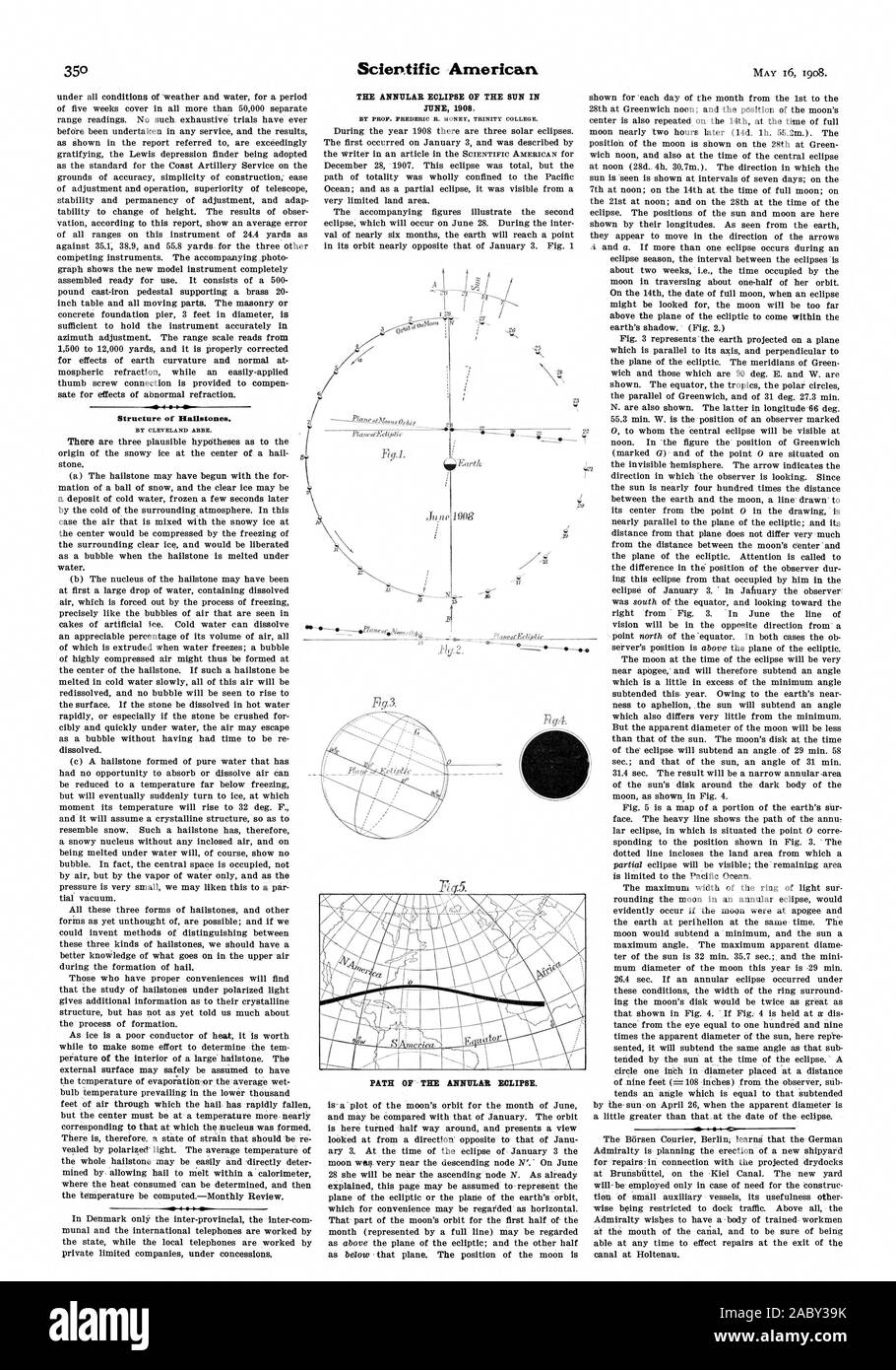 Struttura di chicchi di grandine. L'eclissi anulare del sole nel giugno 1908. Percorso della eclissi anulare. 6 .10, Scientific American, 1908-05-16 Foto Stock