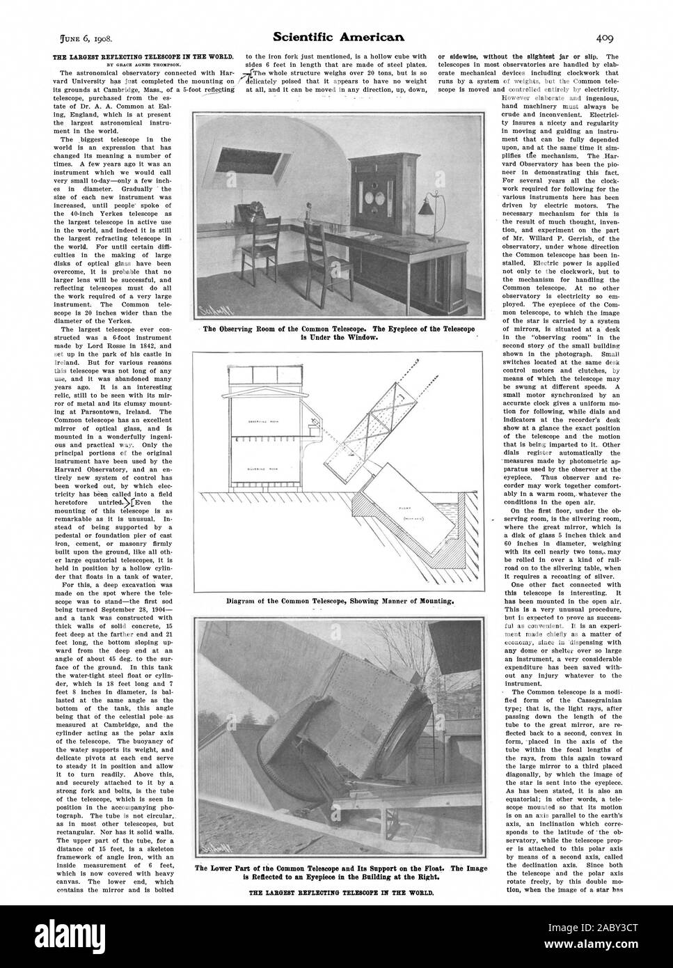 Il più grande telescopio riflettore nel mondo. La camera di osservazione del telescopio comune. L'oculare del telescopio è al di sotto della finestra. La parte inferiore del telescopio comune e relativo supporto sul supporto del galleggiante. L'immagine viene riflessa da un oculare in un edificio a destra. Il più grande telescopio riflettore nel mondo., Scientific American, 1908-06-06 Foto Stock