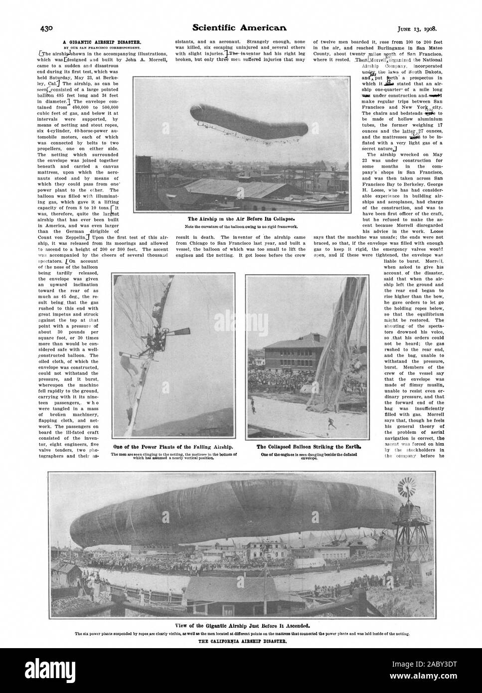 Dal nostro SAN FRANCISCO corrispondente. Il dirigibile in aria prima del suo crollo. Uno degli impianti di alimentazione in caduta del dirigibile. che ha assunto un quasi in verticale. Il palloncino collassato che colpisce la terra. busta., Scientific American, 1908-06-13 Foto Stock