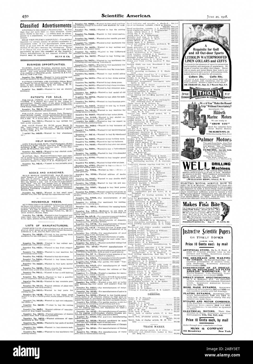 Annunci Opportunità di business. I BREVETTI PER LA VENDITA. Aiuto voluto. Libri e riviste. Le necessità di famiglia. Elenchi di produttori. Indagine n. 8722.-voleva che i fabbricanti di vetro. Un requisito per il golf e tutte le porte sport LITHOLIN impermeabilizzata biancheria colletti e polsini Trip' senza incertezze? ' Mostrarvi' almer Motors PALMER BROS. Cos Cob Conn.. Macchine per foratura rende il pesce morso istruttivo di pubblicazioni scientifiche su temi tempestivi prezzo dieci centesimi ogni via mail il ritiro e la deformazione della costruzione di un'INDICAT ING O. La registrazione di latta dinamo e motore combinato. MVNN O. AZIENDA 361 Foto Stock