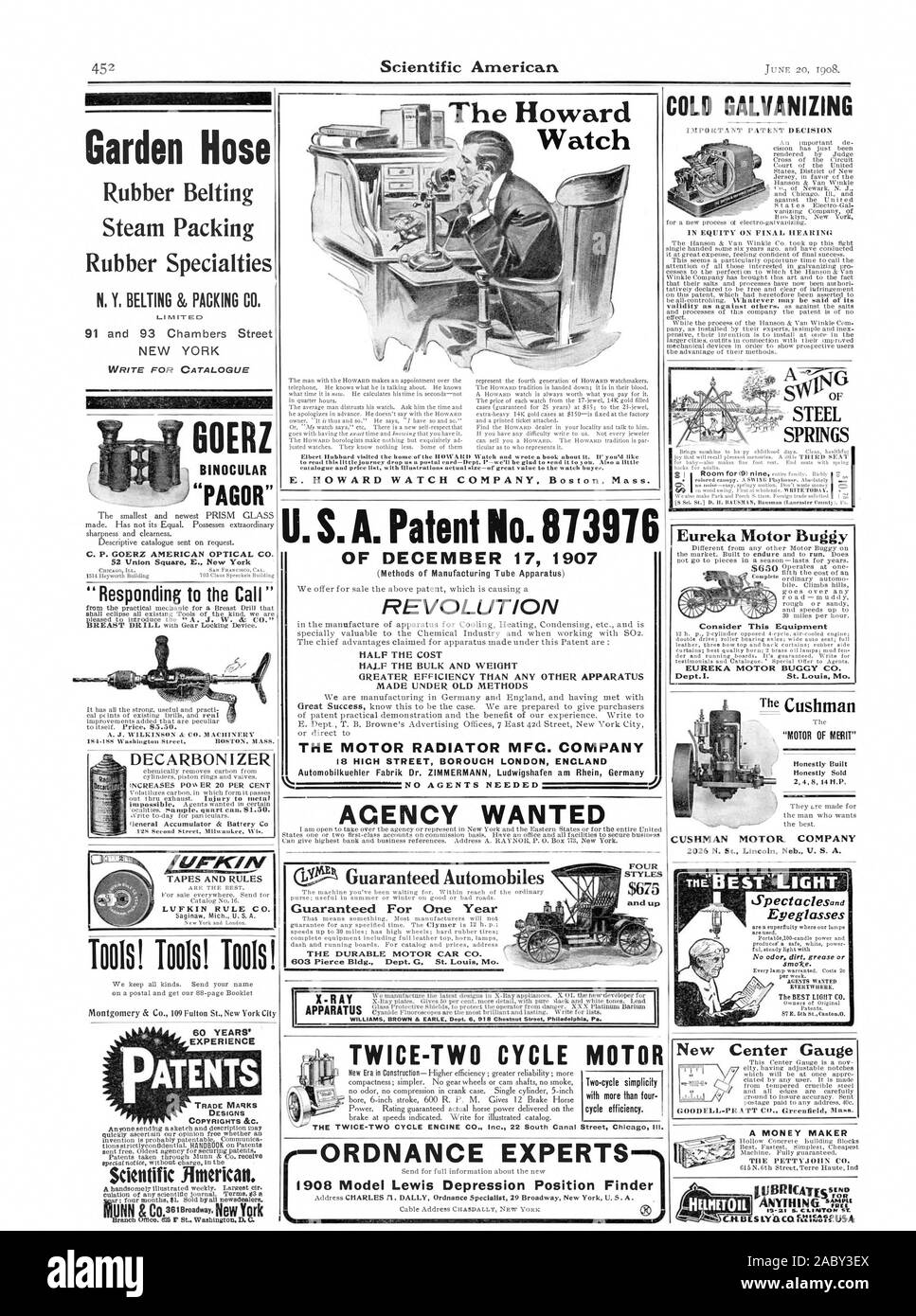 Tubo flessibile da giardino cinghie di gomma vapore gomma imballaggio Specialties N. Y. cinghie di imballaggio & CO. NEW YORK SCRIVERE PER IL CATALOGO DECARBONIZER AUMENTA PCIIA ER 20 PER CENTO (Accumulatore ieneral & batteria C 12$ seconda strada Milwankee NASTRI E REGOLE REGOLA LVFKIN CO. La Saginaw Mich U. S. A. strumenti! Strumenti! Strumenti! Montgomery & Co. 109 Fulton San New York City C. P. GOERZ AMERICAN OPTICAL CO. 52 Vnion Square E. New York "Rispondendo alla chiamata' A. J. WILKINSON UN CO. 184.188 MACIIEVERT Washington Street BOSTON MASS U. S. A. brevetto n. 873976 garantito automobili garantiti per un anno IL RESISTENTE MOTOR CAR CO Foto Stock