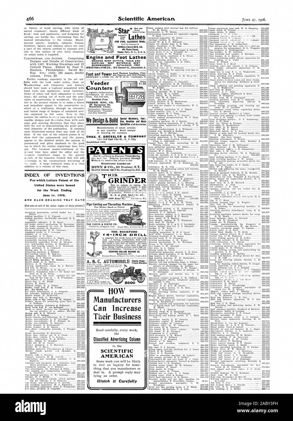 Indice delle invenzioni per le quali lettere di Brevetto degli Stati Uniti sono stati rilasciati per la settimana che termina il 16 giugno 1908. E ciascun cuscinetto che data CHAS. E. DRESSLER & Company ha stabilito 1884 brevetti sia per iland o Power IL ROCKFORD 14 pollici trapanare Rockford . $600 Macchina rettificatrice SHOP abiti gli strumenti e i materiali di consumo. Materiali migliori. Ottima fattura. Catalogo Free counters opuscolo alimentatore libero MFG. CO. Come le Aziende Manifatturiere possono aumentare il loro business AMERICAN guarda attentamente, Scientific American, 1908-06-27 Foto Stock