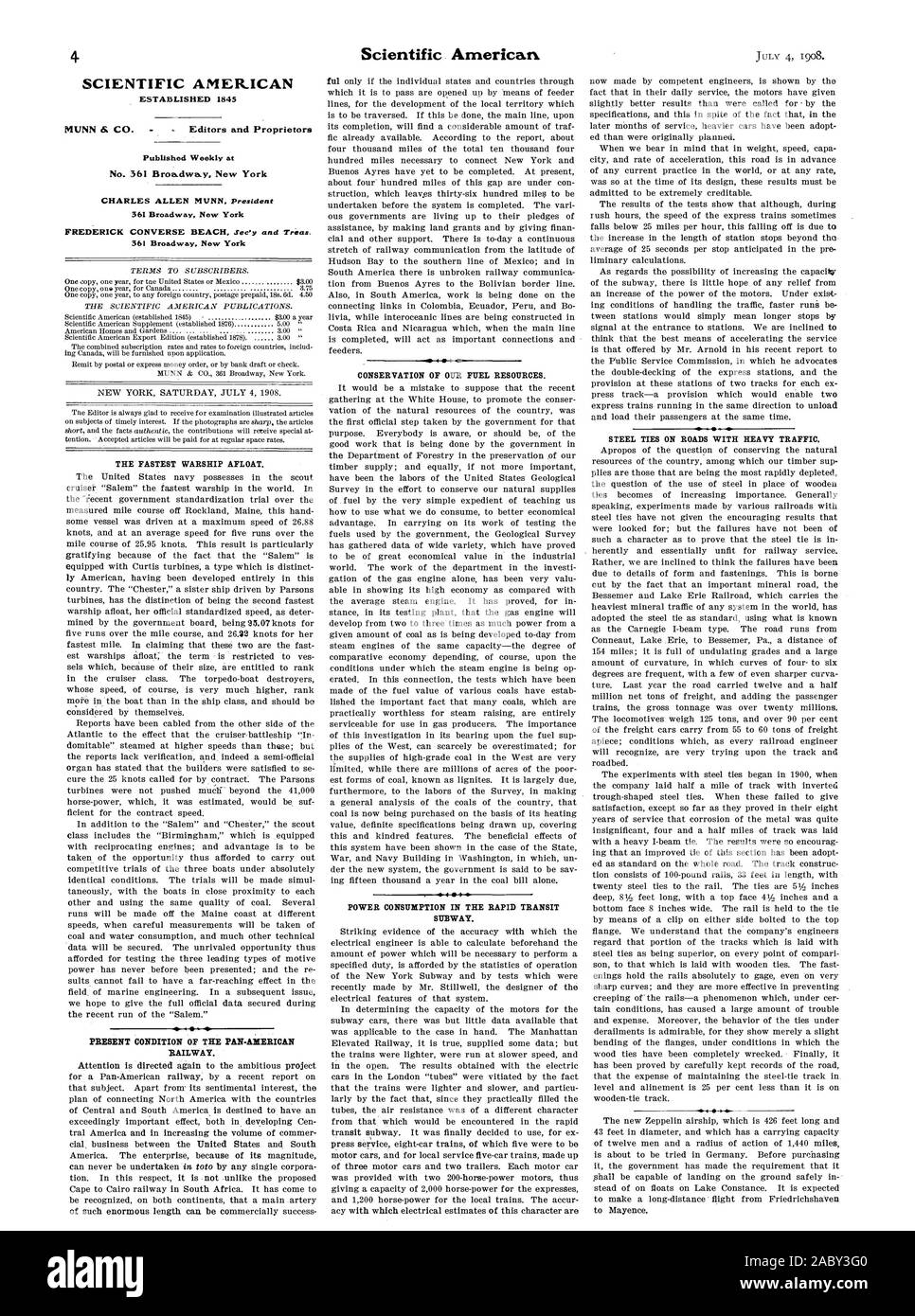 SCIENTIFIC AMERICAN STABILITO 1845 pubblicato settimanalmente a 361 Broadway New York 361 Broadway New York presente condizione della PAN-American Railway. La metropolitana. +, 1908-07-04 Foto Stock