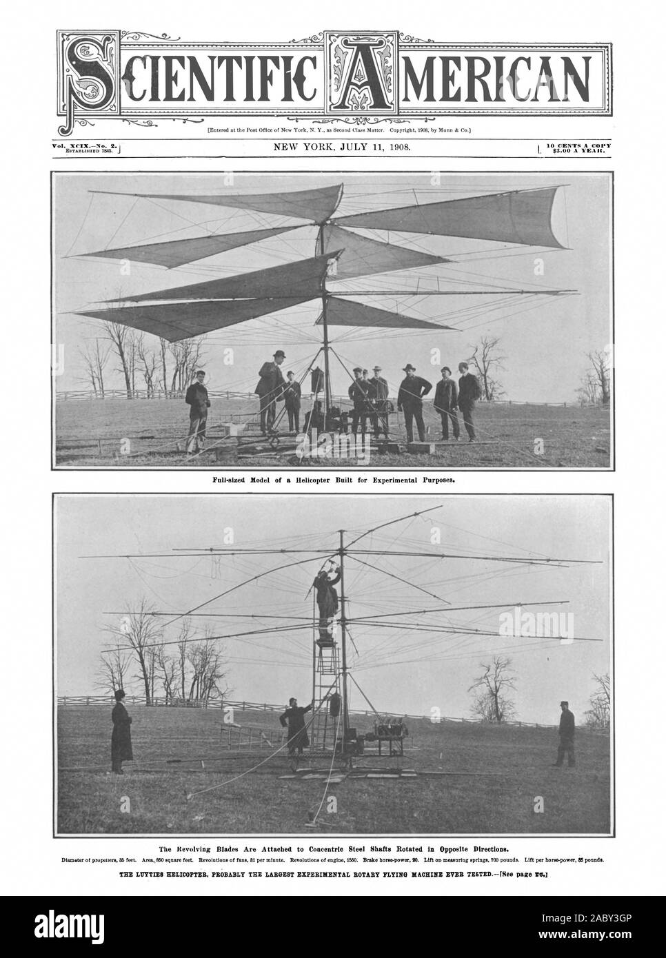 Le lame girevoli sono attaccati al concentrico alberi in acciaio ruotate in direzioni opposte. L1JYTIES ELICOTTERO. Probabilmente il più grande sperimentale solcare ROTATIVA Macchina mai pagina TESTEDNee VO.1 MERICAN SCIENTIFICA, Scientific American, 1908-07-11 Foto Stock