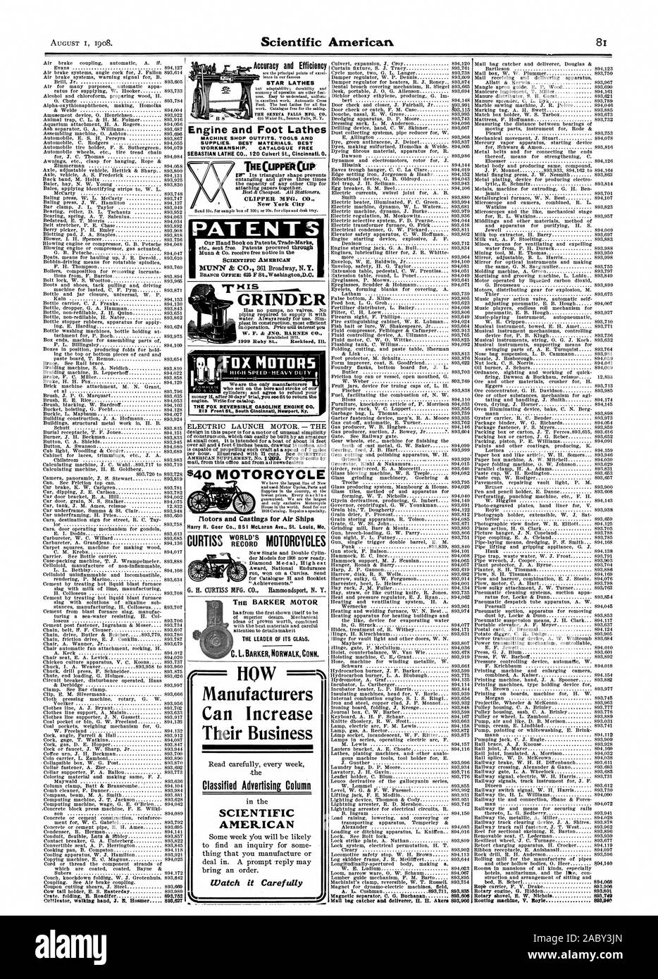 Motore e piede torni MO motociclo flotors e getti di aria per navi Harry R. Geer Co. 851 McLaren Ave. San Luigi M IL MOTORE BARKER come i fabbricanti possono aumentare il loro business pubblicità classificata colonna AMERICAN Guarda attentamente la grandine sacchetto catcher e liberatore H. H. Akers 893966 precisione ed efficienza torni STAR FOX REVERSIBILE MOTORE A BENZINA 00. 219 Front St. Sud Glnelnnatl Newport. Ky. CLIPPER MFG. CO. New York City brevetti la nostra mano libro sui brevetti Trade-Mar ecc. inviato gratuitamente. Brevetti procurati attraverso Munn & Co. ricevono gratuitamente avviso nel macinino, Scientific American, 1908-08 Foto Stock