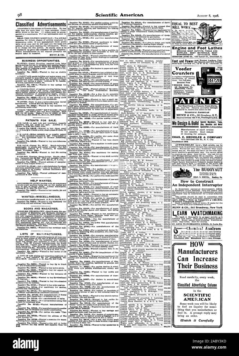 Pubblicità classificate MUNN & CO. Opportunità di business. I BREVETTI PER LA VENDITA. Aiuto voluto. Volevo-varie. Libri e riviste. Elenchi di produttori. Indagine n. 8729.-voleva una macnine per manu Inchiesta n. 8742.-Per i produttori di acqua cat-gut. Indagine n. 8790. - Per il costruttore di indagine n. 8794.-Per i produttori dell'indagine n. 8813.-Per il fabbricante dell'indagine n. 8815.-voleva comprare carrello e indagine n. 8817.-Per una ditta che forma piccola indagine n. 8818.-voleva acquistare specialità in grandi quantità. Indagine n. 8819.-Per i produttori di Excel Kennell 8340 Foto Stock