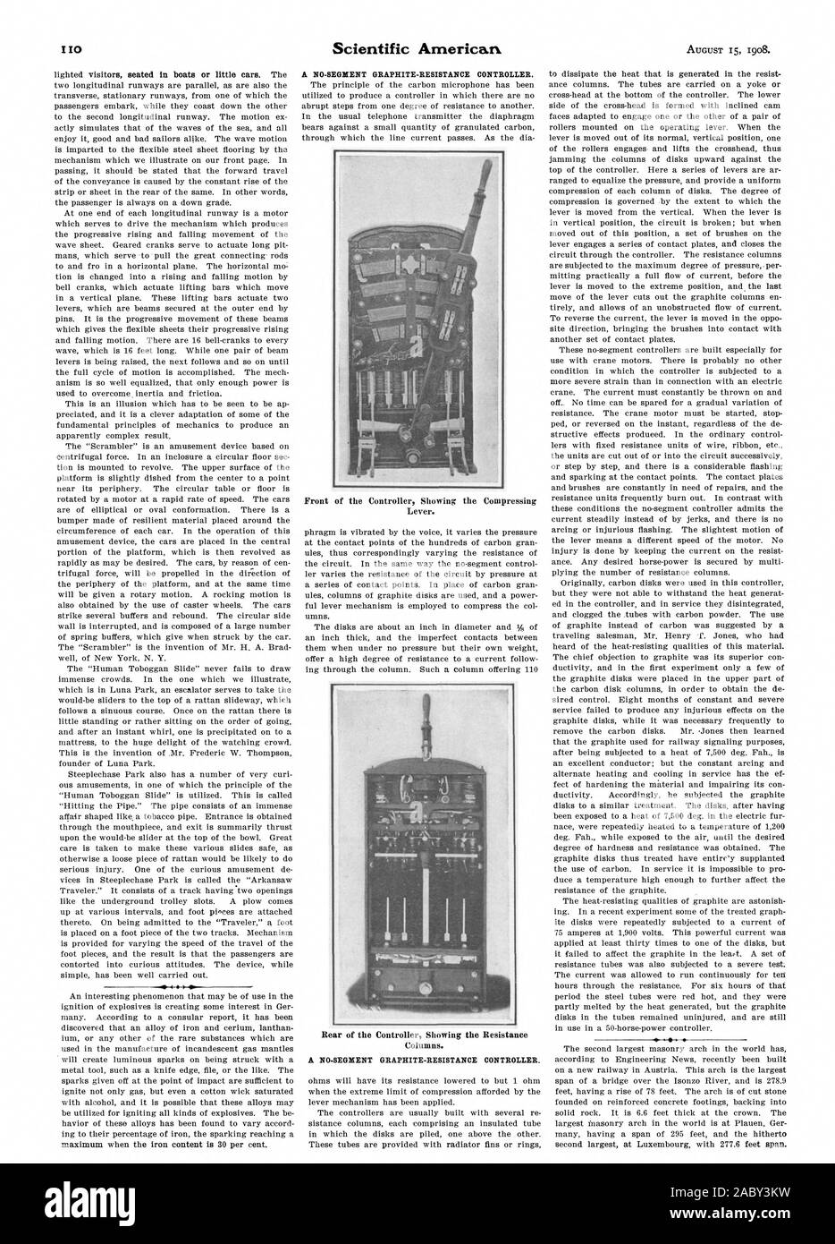 Illumina gli ospiti seduti in barche o poco vetture. Il 10 massimo quando il tenore di ferro è di 30 per cento. Parte anteriore del controller che mostra la leva di compressione. Parte posteriore del controller che mostra la resistenza colonne., Scientific American, 1908-08-15 Foto Stock