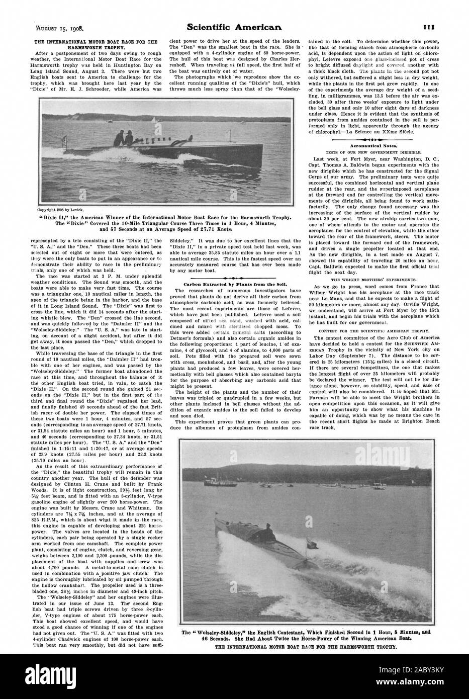 L'INTERNATIONAL MOTOR BOAT RACE PER LA HARMSWORTH TROPHY. Il carbonio estratto da piante dal suolo. Ho in note di aeronautica. Il 'Dixie" ha coperto il 10-Mile corso triangolare per tre volte in 1 ora e 4 minuti e 57 secondi ad una velocità media di 27.71 nodi. Il Wolseley-Siddeley' il rivale inglese che è arrivato secondo in 1 ora e 5 minuti e 46 secondi. Aveva circa due volte la Horse-Power del vincente American Boat. L'INTERNATIONAL MOTOR BOAT RACE PER IL TROFEO HARHSWORTH., Scientific American, 1908-08-15 Foto Stock