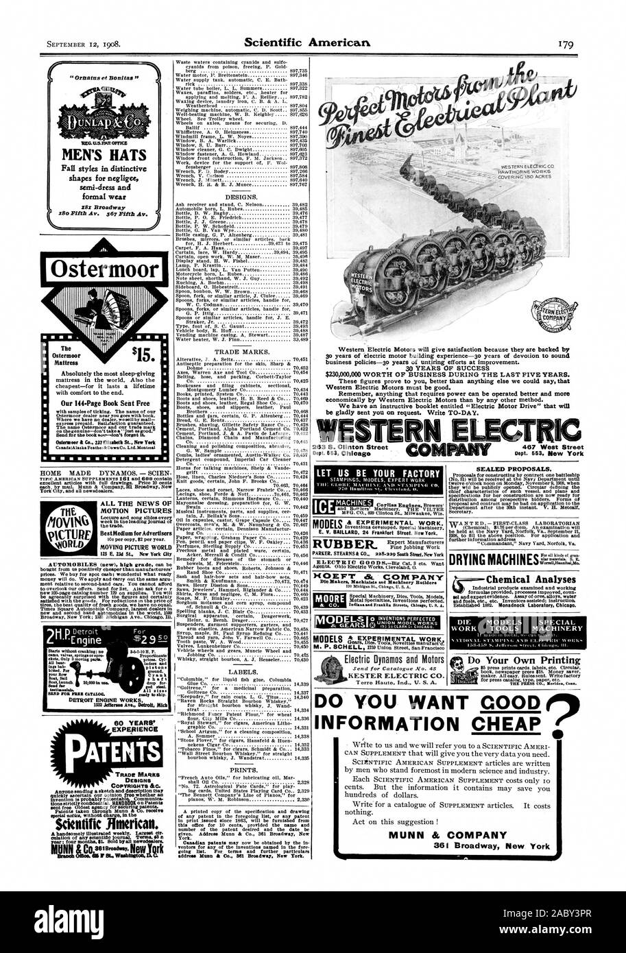 Disegni e modelli. Marchi commerciali. Etichette. Stampe. indirizzo Munn & Co. 861 Broadway New York. Dept. 663 Chicag 467 West Street Dept. 663. New York Ostermoor il materasso Ostermoor assolutamente più sonno-dando con il comfort e l'estremità. Le nostre 144 pagine il libro inviato free Canada:Alaska Feather& DownCo. Ltd. Montreal Western Electric Motors darà soddisfazione perché sono sostenuti da trenta anni di motore elettrico esperienza di costruzione-3o anni di devozione al suono delle politiche aziendali-3o anni di instancabile impegno al miglioramento. Queste cifre dimostrano al meglio di qualsiasi altra cosa si potrebbe dire che la Western Electric Foto Stock