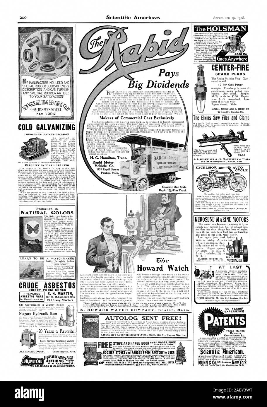 Città convenienze nelle case del paese Niagara Ariete Idraulico Dodds' ingranaggio nuovo testacoda macchina niente mini inviare il Elkins vide Filer e morsetto A. J. WILKINSON & CO. Macchinari J T901s 184-188 Washington St. Booton messa. In ultimo 60 anni di esperienza PATENA TS. Marchi Disegni Scientific American. KEROSENE MOTORI MARINI Rapid Autoveicolo Co. 52,5 o, 1908-09-19 Foto Stock