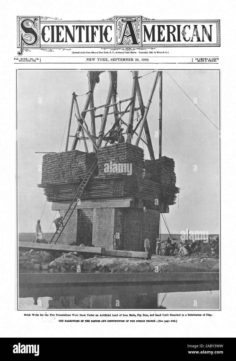 Scientific American, 1908-09-26, il restringimento del Gange e costruzione di Curzon Bridge Foto Stock