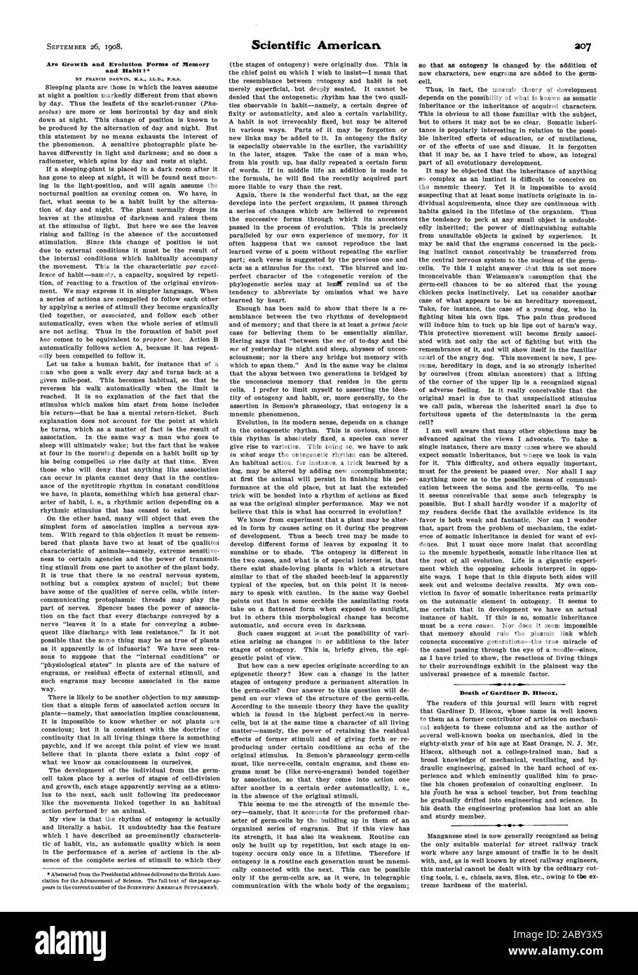 Ax di crescita ed evoluzione dei moduli di memoria e abitudine T, Scientific American, 1908-09-26 Foto Stock