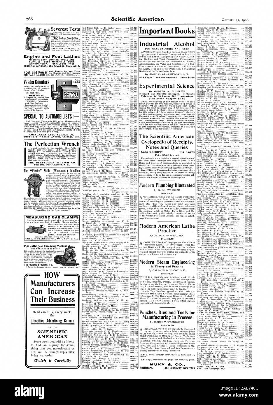 Motore e piede torni macchina negozio abiti GLI STRUMENTI E I MATERIALI DI CONSUMO. Materiali migliori. Ottima fattura. Catalogo libere Sebastian TORNIO CO 120 canale sotterraneo di San di Cincinnati. 0. I contatori Veeder VEEDER MFG. CO. Speciale per AUTOMOBILISTS alla perfezione la chiave la chiave di perfezione CO. 'Electro' statico (Wimshurst) Macchina la curtis CURTIS & CO. I produttori possono aumentare il loro business pubblicità classificata colonna AMERICAN Guarda attentamente la scienza sperimentale da George M. HOPKINS rivisto e fortemente ingrandita. 2 Octav volumi. 1100 pagine. 900 illustrazioni panno legato. Poapaid 85.00 Comitato Scientifico Foto Stock